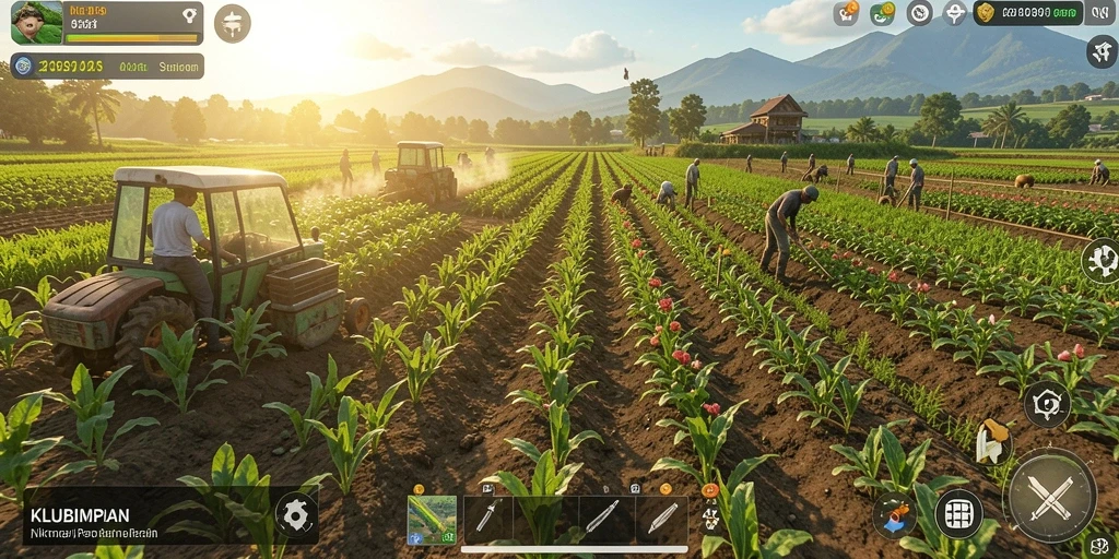 Screenshot permainan KLUBIMPIAN yang menunjukkan aktivitas bertani yang menarik.