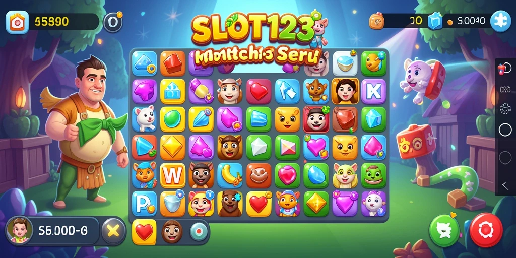 Screenshot utama SLOT123 menampilkan gameplay Match-3 yang menarik dan berwarna-warni.